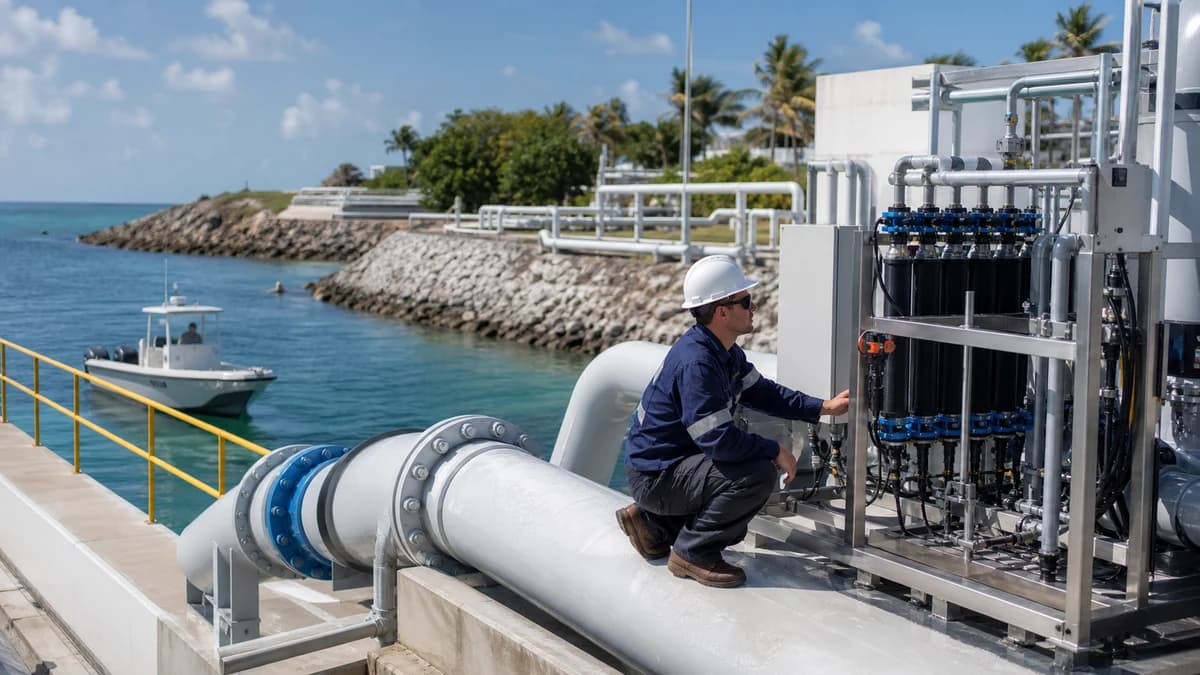 Technician inspecting seawater intake piping at a coastal electrochlorination facility