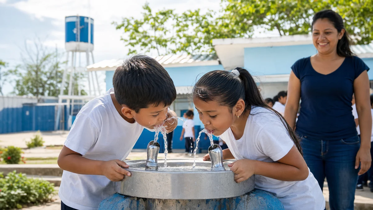 Children drinking clean water from a public fountain