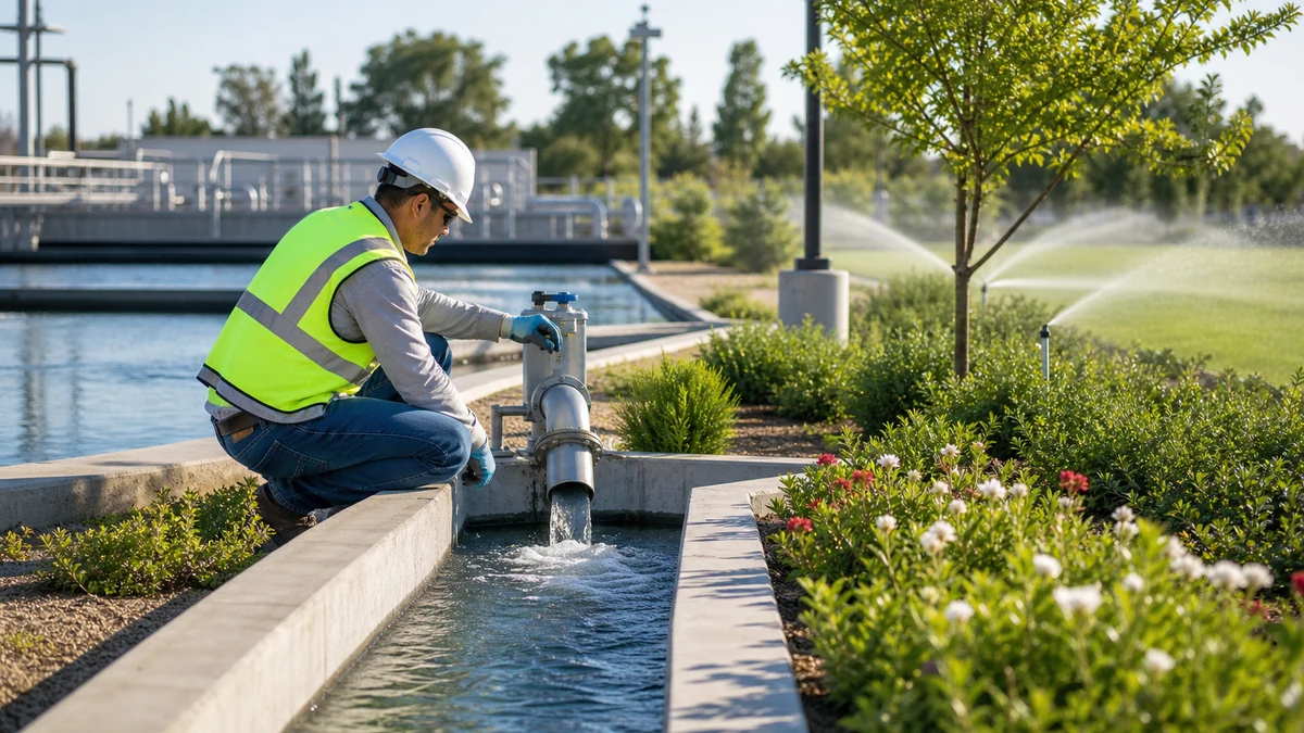 Operator checking treated water flow at a wastewater treatment facility