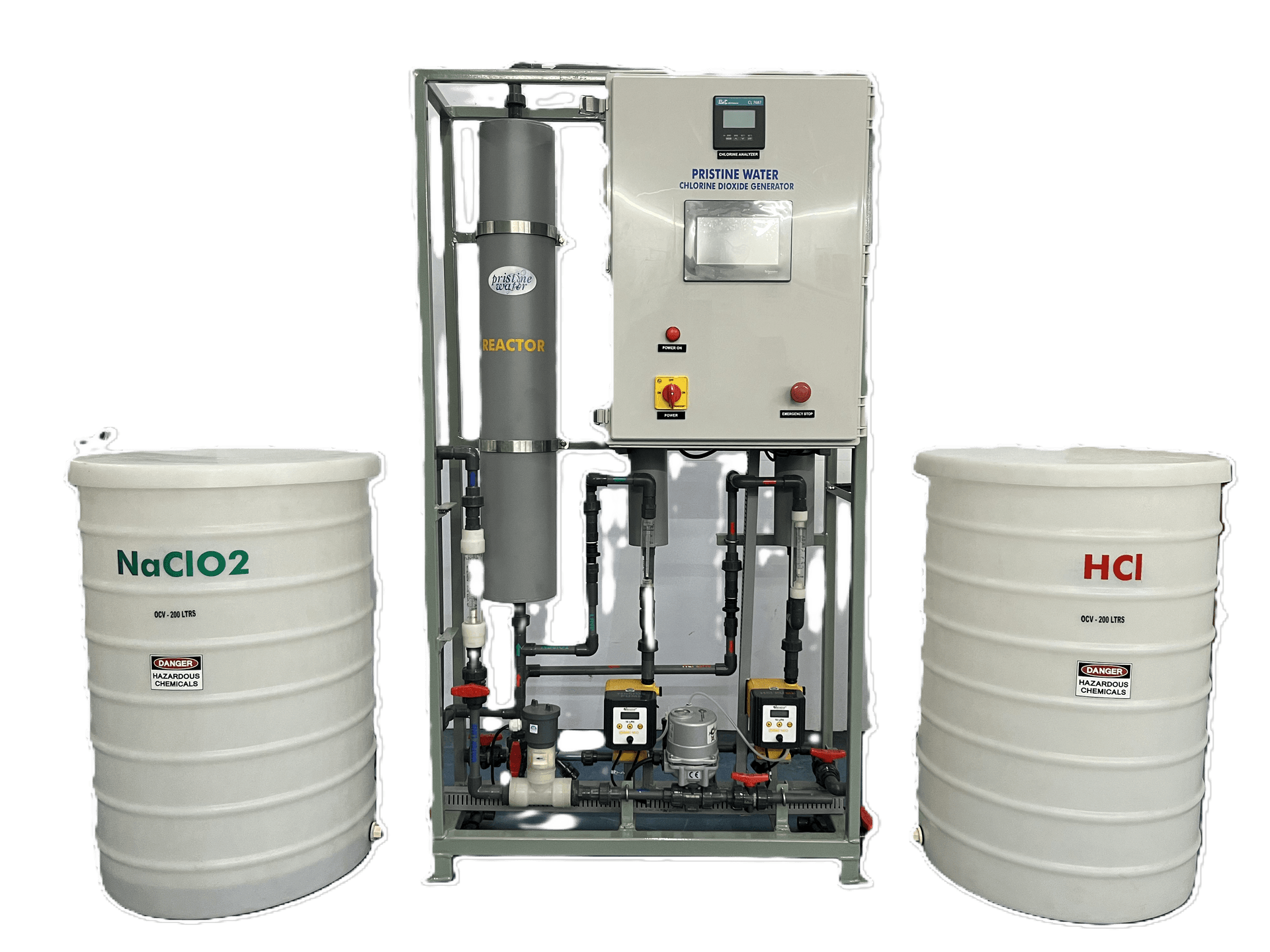 Chlorine dioxide generator with NaClO2 and HCl storage tanks, reactor, and control panel