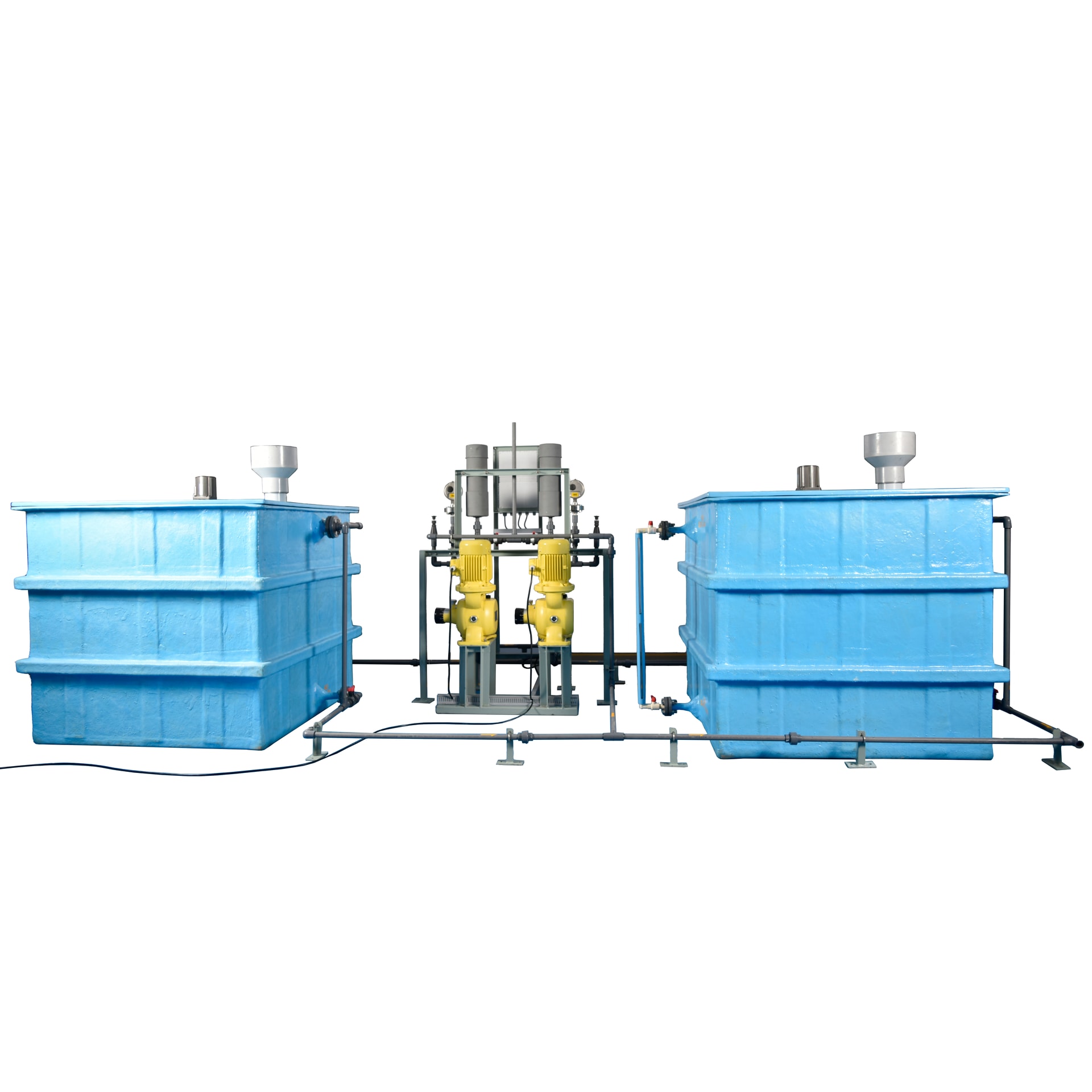 Chemical dosing system with storage tanks, pumps, and automated metering skid