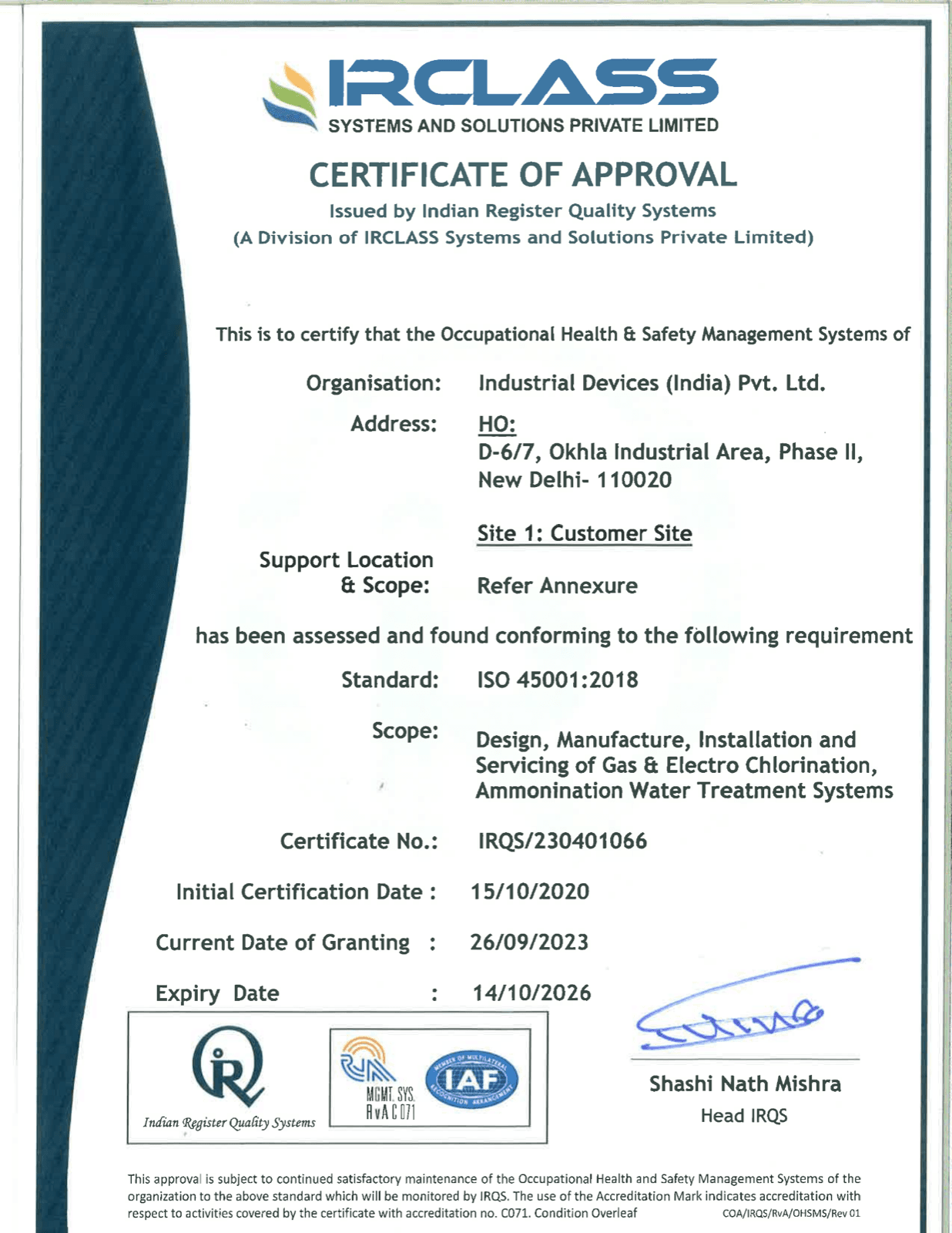 OHSAS 18001 / ISO 45001 certificate