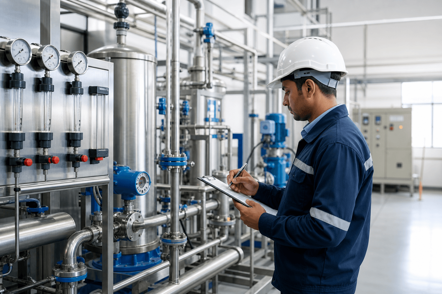 Engineer reviewing industrial water treatment equipment during project planning